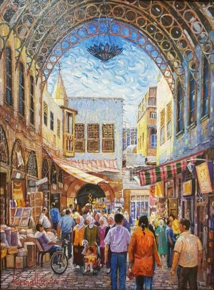 Vibrant Market Scene Under an Ornate Archway